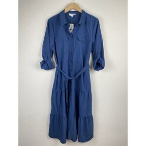Lucky Brand XL Midi Shirt Dress Navy Blue Tiered Minimalist Peasant Belted NWT